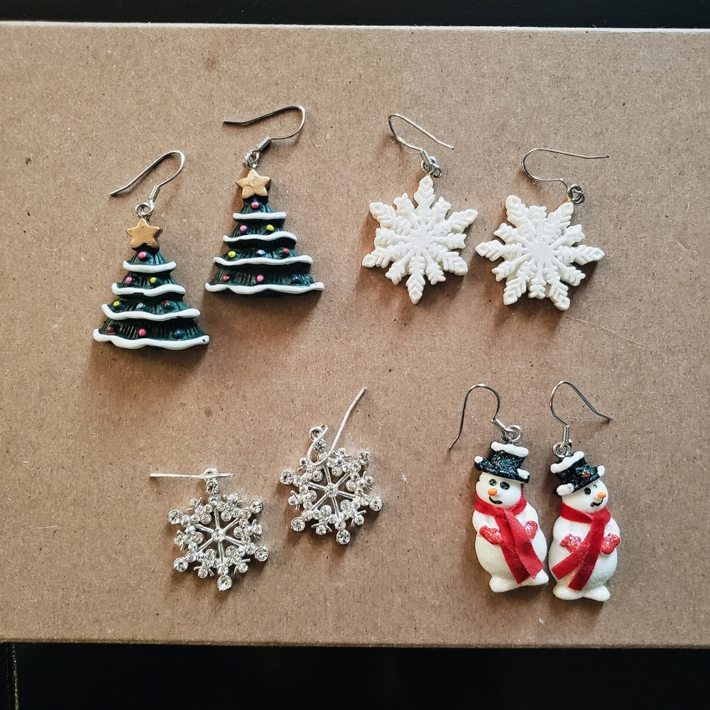 Christmas Earrings x4, LIKE NEW - Snowman Snowflake Festive Celebrate Jolly